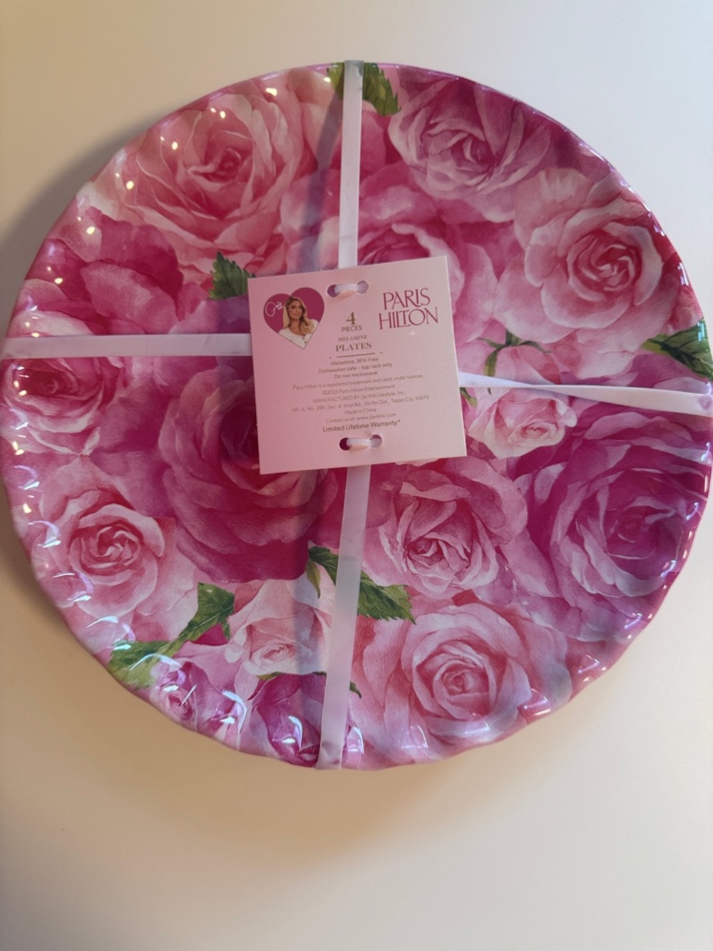 Paris Hilton Pink Rose Melamine Dinner Plates - Floral Set